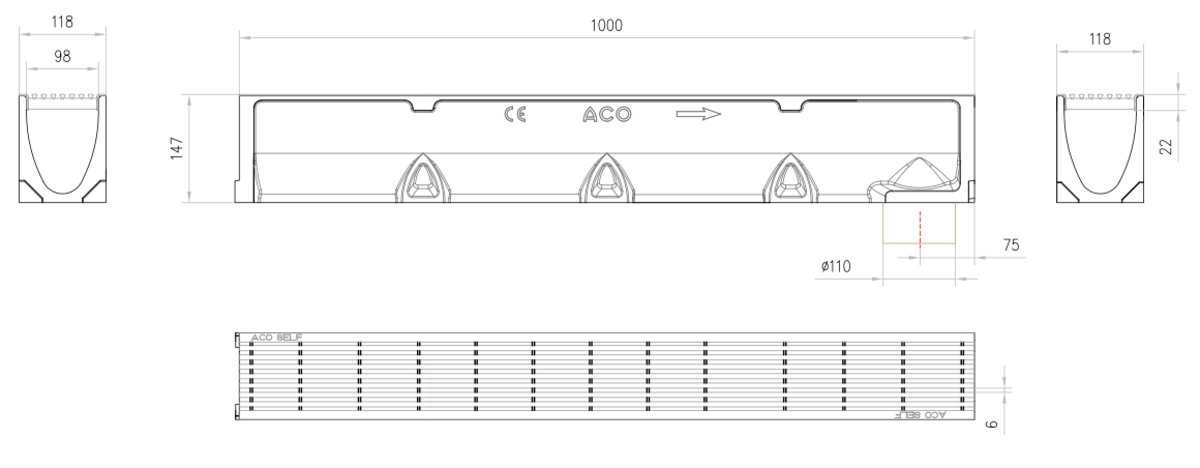 00330043 Esquema técnico del conjunto de canal SELF 100 L1000 H145 en hormigon polímero con premarca para salida vertical DN/OD 110 y reja antitacón en acero inoxidable A15 con sistema de fijación por clip