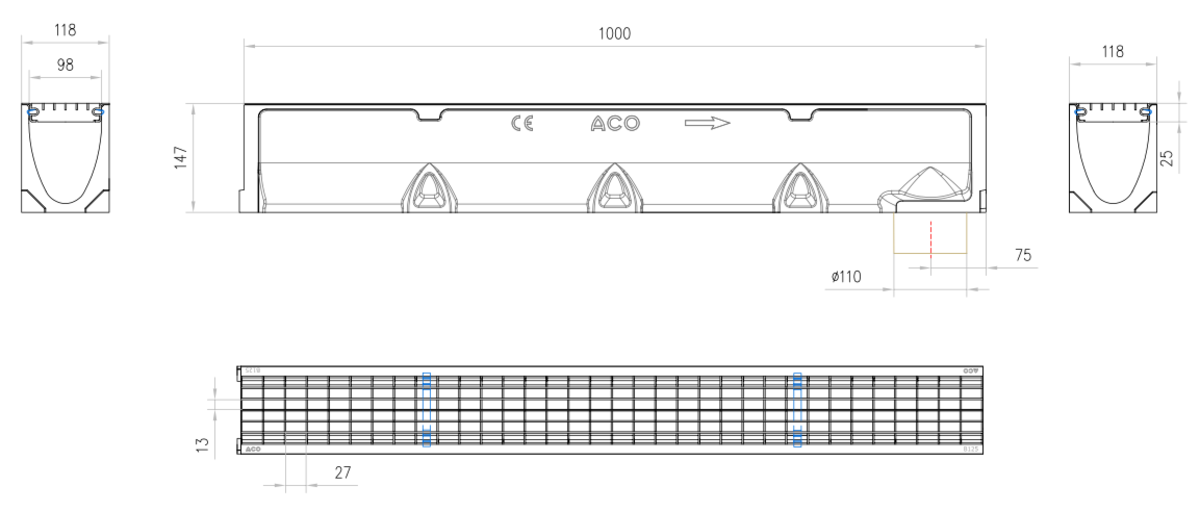 00330045 Esquema técnico del conjunto de canal SELF 100 L1000 H145 en hormigon polímero con premarca para salida vertical DN/OD 110 y reja entramada 27x13 en acero galvanizado A15 con sistema de fijación por clip