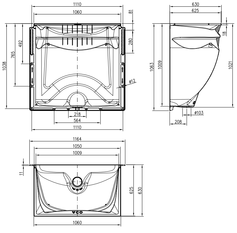 00375000 Esquema técnico del cuerpo de tragaluz THERM de dimensiones exteriores T630 L1164 H1063.