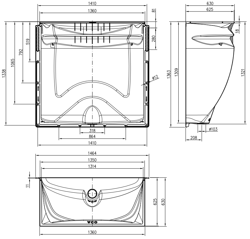 00375002 Esquema técnico del cuerpo de tragaluz THERM de dimensiones exteriores T630 L1464 H1363.