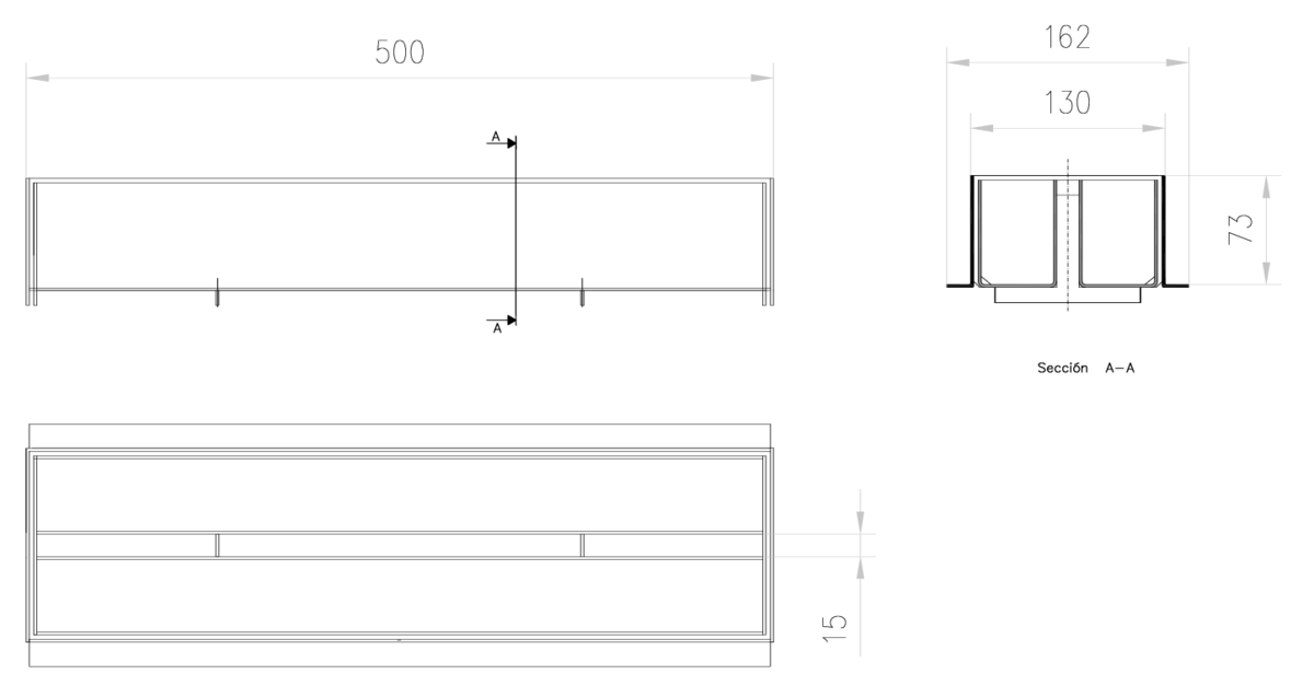 00400304 Esquema técnico de la reja de inspección para canal SELF 100, reja brickslot T H75 en acero galvanizado de dimensiones L500 A162 H15 sin sistema de fijación, clase de carga C250.