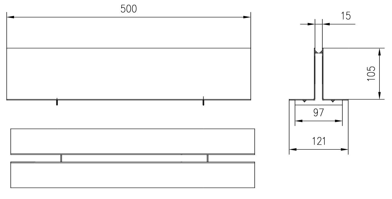 Esquema técnico de la reja para canal SELF 100, reja brickslot T H105 en acero galvanizado de dimensiones L500 A121 R15 sin sistema de fijación, clase de carga C250.