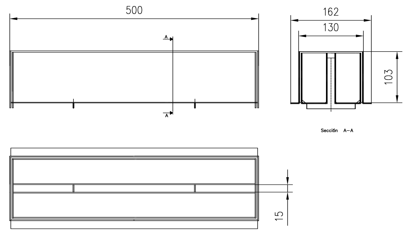 00400308 Esquema técnico de la reja de inspección para canal SELF 100, reja brickslot T H105 en acero galvanizado de dimensiones L500 A162 R15 sin sistema de fijación, clase de carga C250.