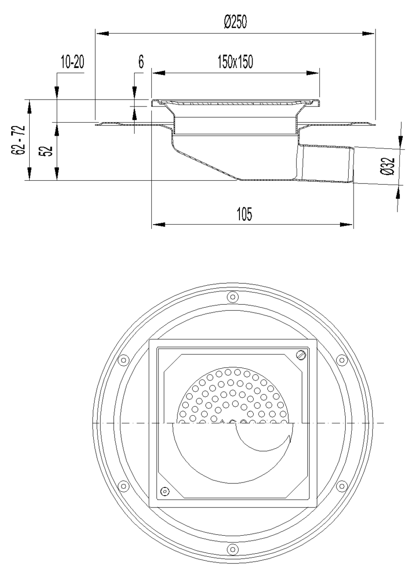 00400793 Esquema técnico do sumidouro EG150 TELESCOPICO, fabricado em aço inoxidável AISI304, de dimensões L150 A150 H62 com aro para impermeabilização líquida, saída horizontal DN32, sem sifão, com grelha perfurada com fixação classe de carga K3.