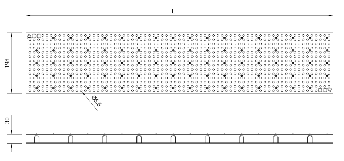 00402688 Esquema técnico de la reja para canal Modular 200, reja perforada en acero inoxidable AISI304 de dimensiones L1000 A198 H30 sin sistema de fijación, clase de carga A15.