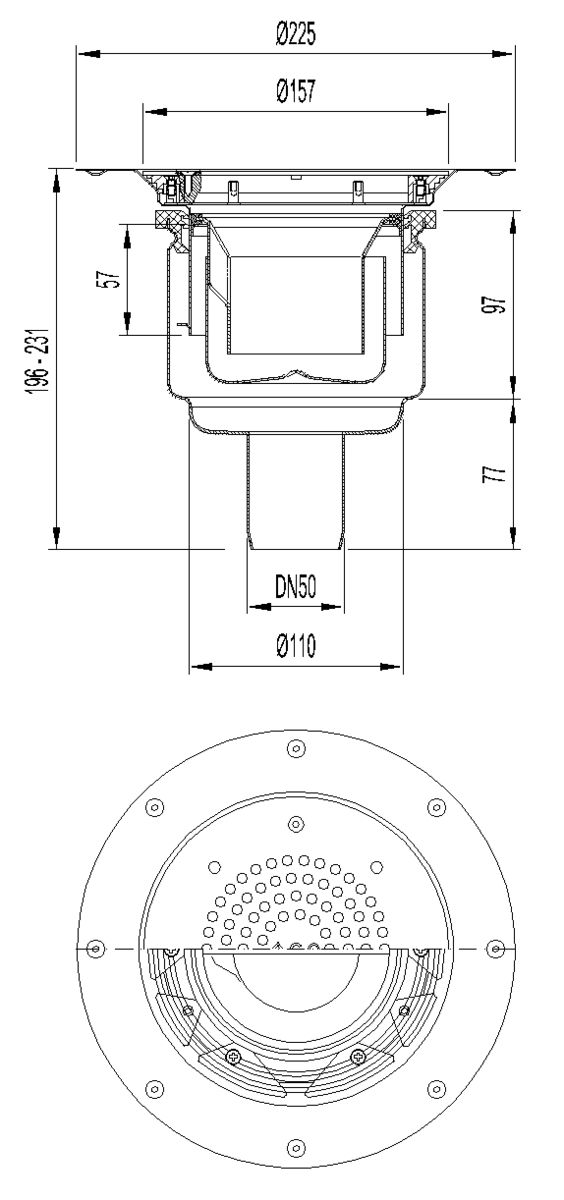 00405143 Esquema técnico do sumidouro EG150 TELESCOPICO, fabricado em aço inoxidável AISI304, de dimensões Ø225 H196 com aro para fixação mecânica de tela, saída vertical DN50, com sifão, com grelha perfurada com fixação classe de carga K3.