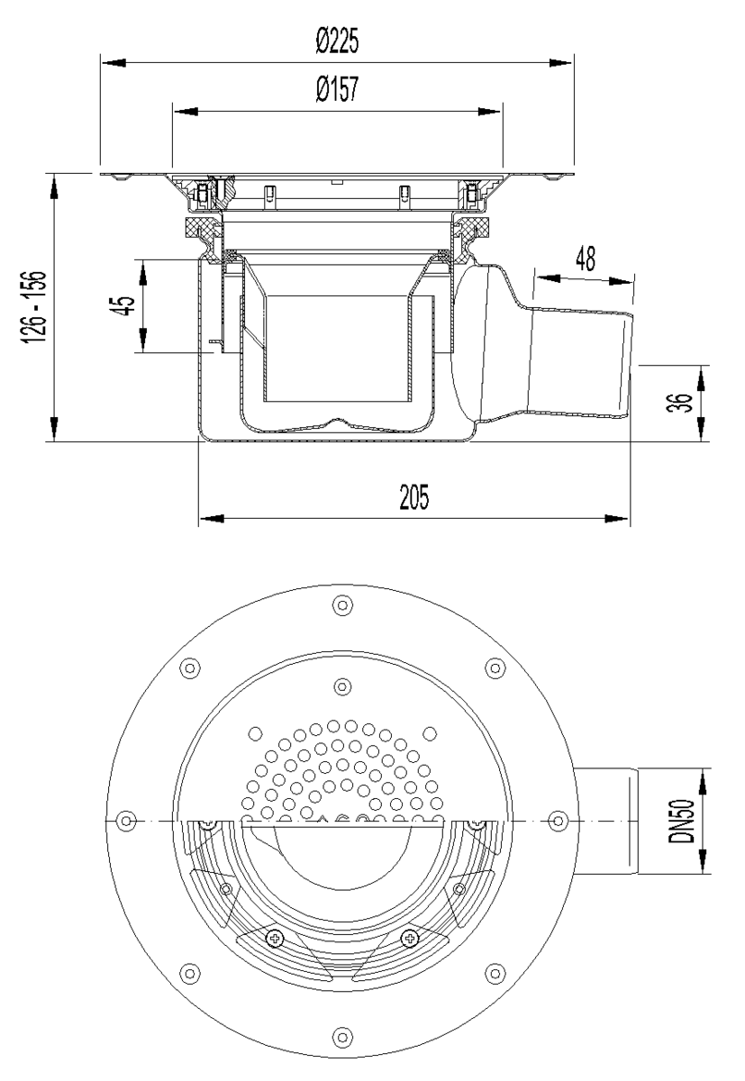 Esquema técnico do sumidouro EG150 TELESCOPICO, fabricado em aço inoxidável AISI304, de dimensões Ø225 H126 com aro para fixação mecânica de tela, saída horizontal DN50, com sifão, com grelha perfurada com fixação classe de carga K3.