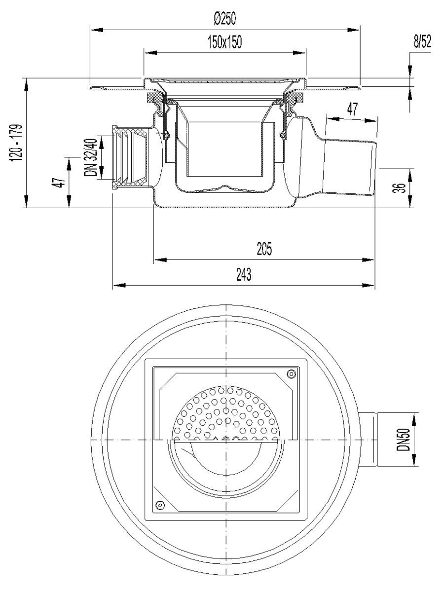 00405158 Esquema técnico do sumidouro EG150 TELESCOPICO, fabricado em aço inoxidável AISI304, de dimensões L150 A150 H120 com aro para impermeabilização líquida, saída horizontal DN50, 3 entradas DN32/40, com sifão, com grelha perfurada com fixação carga K3.