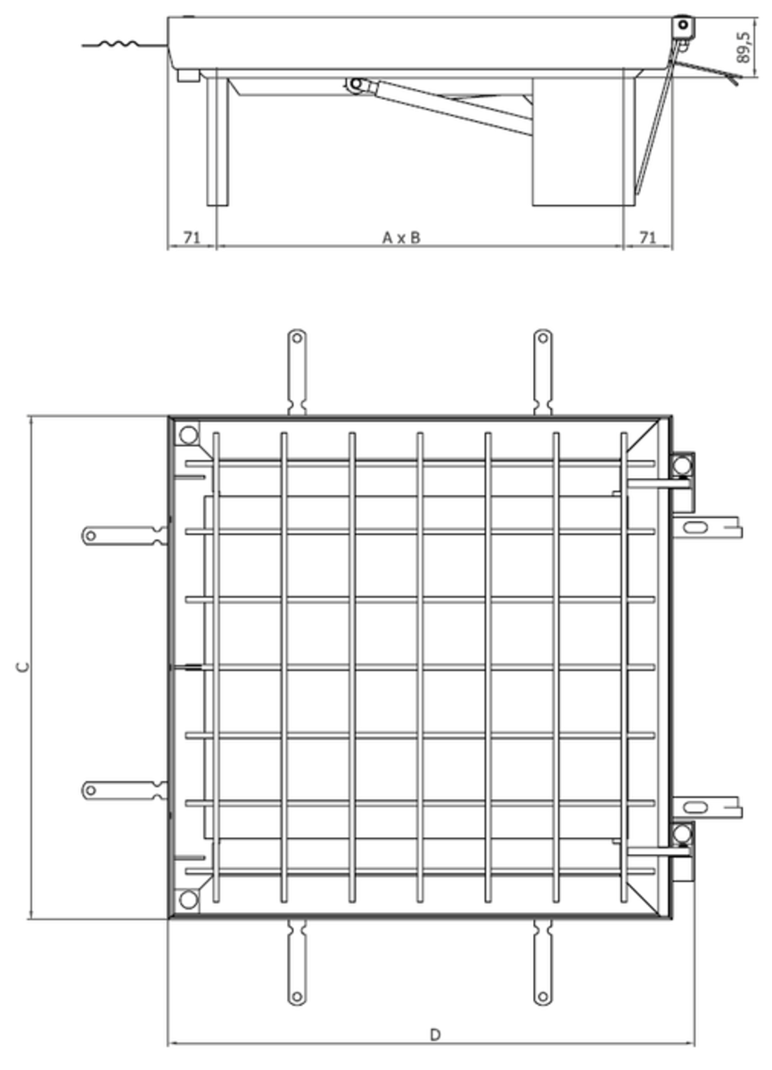 00406538 Esquema técnico da tampa TOPTEK RE 1.0 em aço galvanizado assistida de dimensões exteriores 642x675mm e altura 89, classe de carga M125