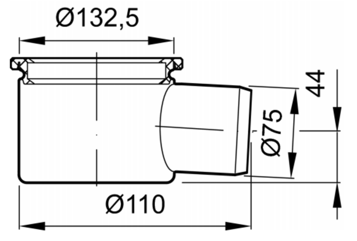 00406677 Esquema técnico do corpo de ralo industrial EG150, fabricado em acero inoxidável AISI304, de dimensões Ø133 H105 fundo Ø110, sem aro, saída horizontal DN75.