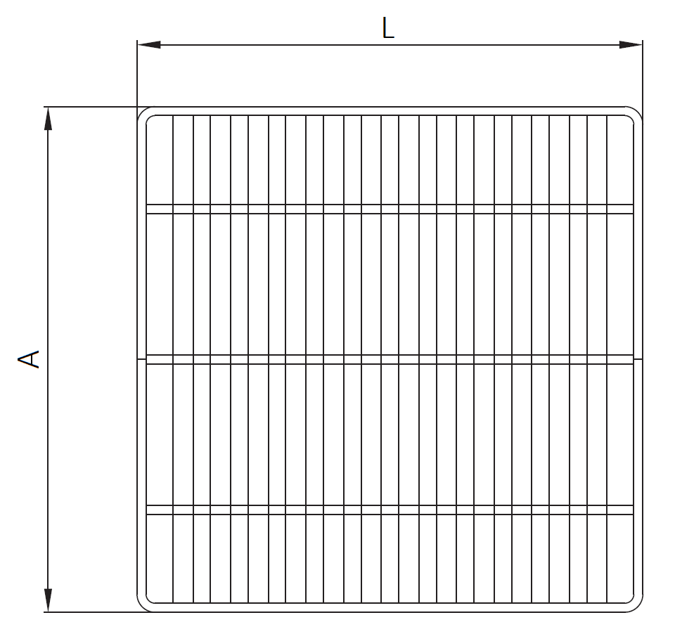 00408022 Esquema técnico de la reja para sumidero EG, reja anti-tacón en acero inoxidable AISI304 de dimensiones L168 A168 H25 sin sistema de fijación, clase de carga L15.