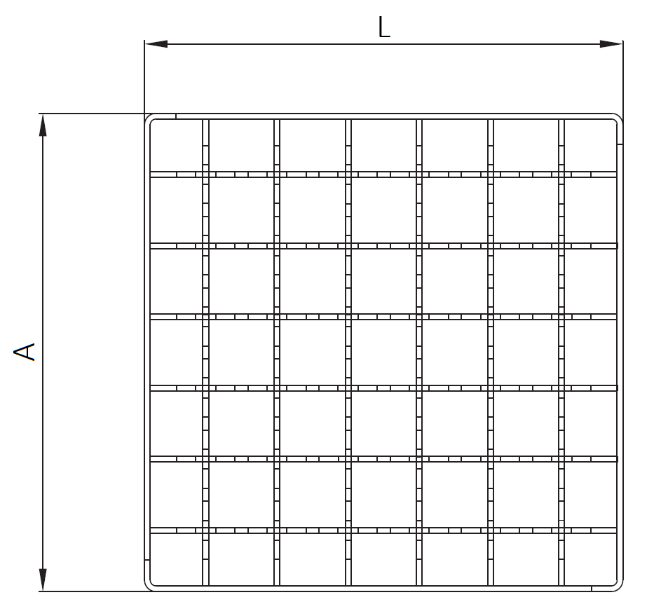 00408090 Esquema técnico de la reja para sumidero EG, reja entramada antideslizante 23x23 en acero inoxidable AISI304 de dimensiones L168 A168 H25 sin sistema de fijación, clase de carga L15.