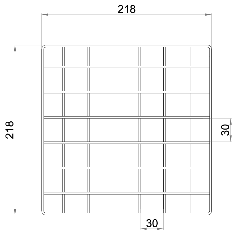 Esquema técnico da grelha para sumidouro EG, grelha entramada lisa 30x30 em aço inoxidável AISI304 da dimensões L218 A218 H30 sem sistema de fixação, classe de carga L15.