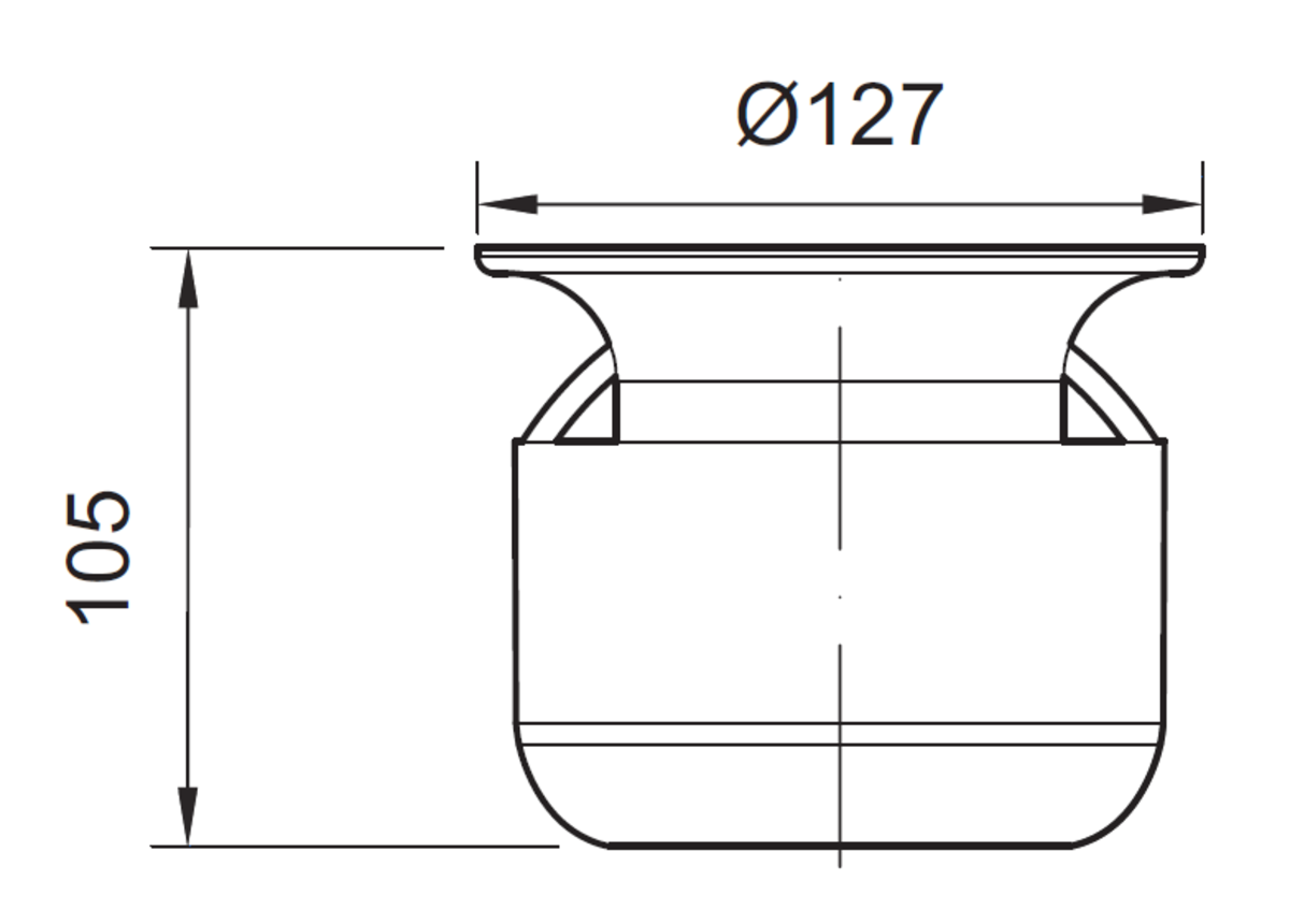 00408200 Esquema técnico do sifão em aço inoxidável AISI304, de Ø127 H105, altura de água Ha50 para sumidouros EG com fundo Ø157.