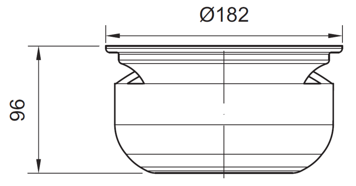 00408220 Esquema técnico del sifón en acero inoxidable AISI304, de Ø182 H96, altura de agua de Ha50 para sumideros EG con fondo Ø218.