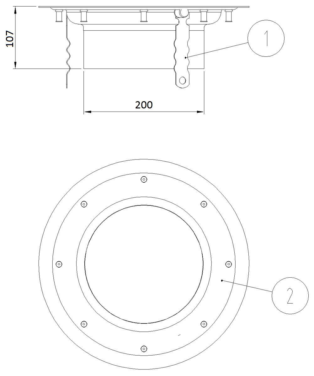 Esquema técnico del cuerpo sumidero industrial EG TELESCOPICO, fabricado en acero inoxidable AISI304, de dimensiones Ø220 H106 fondo Ø200, con clipaje vínilico.