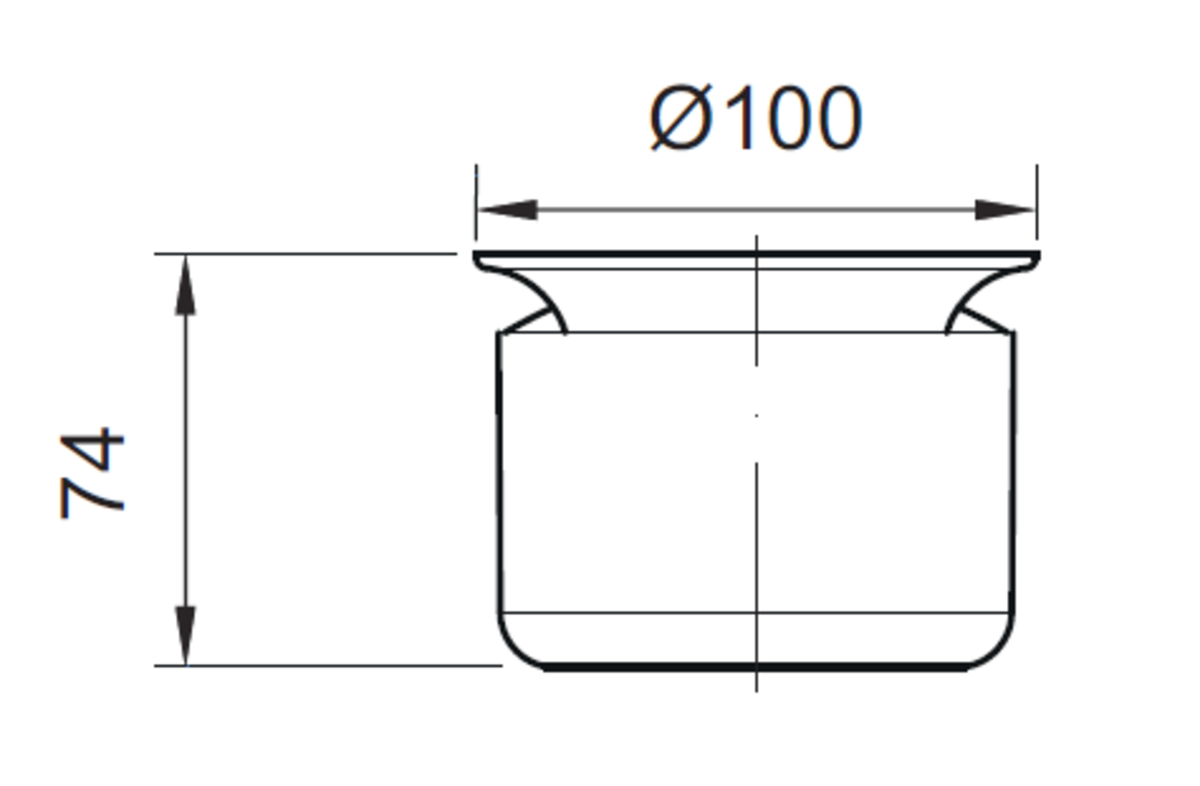 00414741 Esquema técnico do sifão em aço inoxidável AISI304, de Ø100 H74, altura de água Ha50 para sumidouros EG com fundo Ø142.