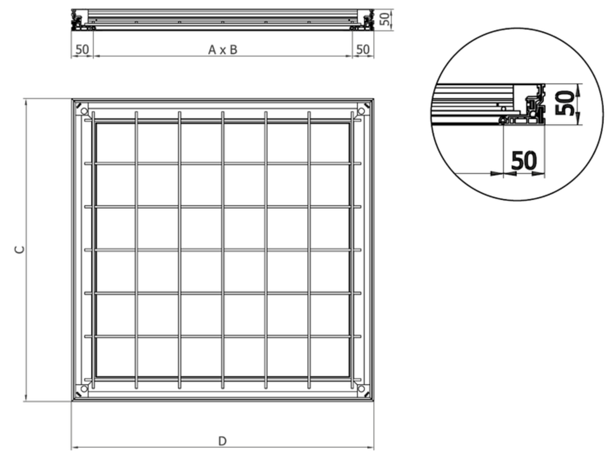 00415142 Esquema técnico da tampa TOPTEK RE 1.0 não assistida de dimensões exteriores 500x500mm e altura 50, classe de carga pedonal