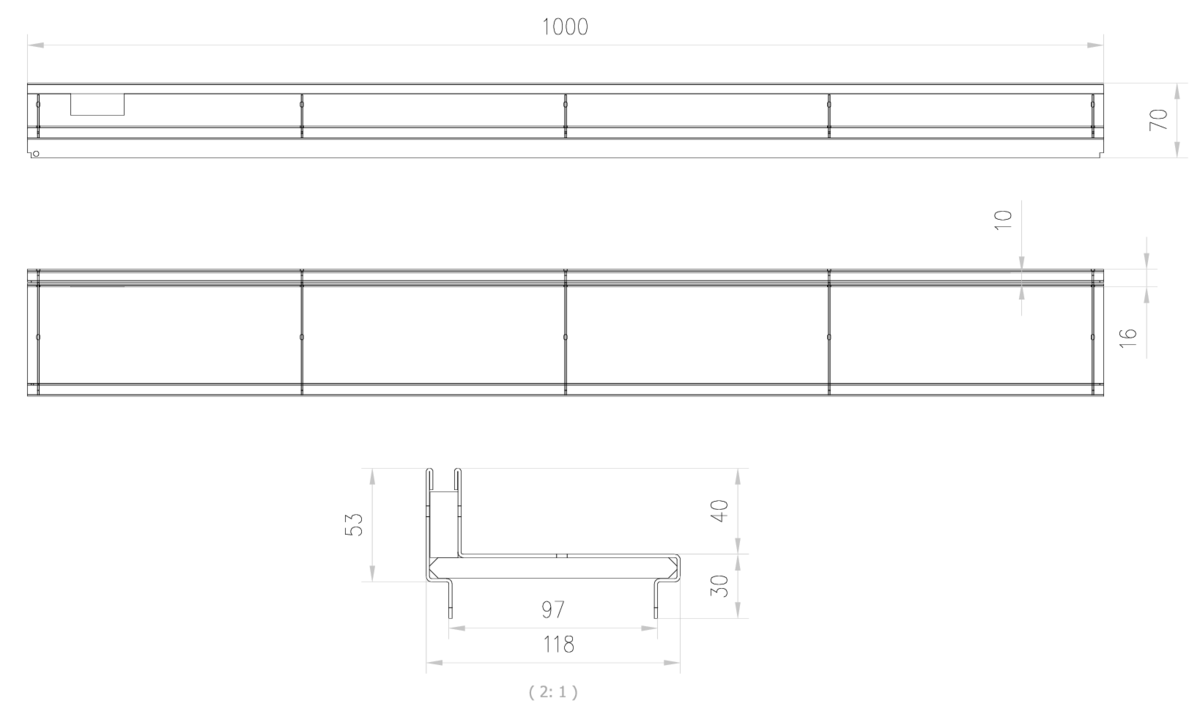 00415822 Esquema técnico da grelha para canal SELF 100, grelha brickslot L H40 em aço galvanizado da dimensões L1000 A118 H13 sem sistema de fixação, classe de carga B125.