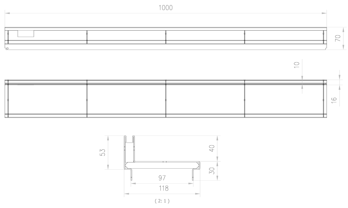 00415826 Esquema técnico de la reja para canal SELF 100, reja brickslot L H40 en acero inoxidable AISI304 de dimensiones L1000 A118 H13 sin sistema de fijación, clase de carga B125.
