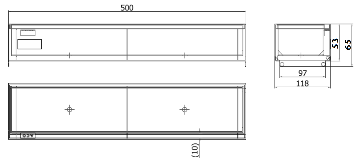 00415827 Esquema técnico da grelha de inspecção para canal SELF 100, grelha brickslot L H40 em aço inoxidável AISI304 da dimensões L500 A118 H13 sem sistema de fixação, classe de carga B125.