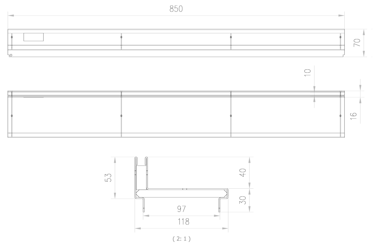 00415828 Esquema técnico da grelha para canal SELF 100, grelha brickslot L H40 em aço inoxidável AISI304 da dimensões L850 A118 H13 sem sistema de fixação, classe de carga B125.