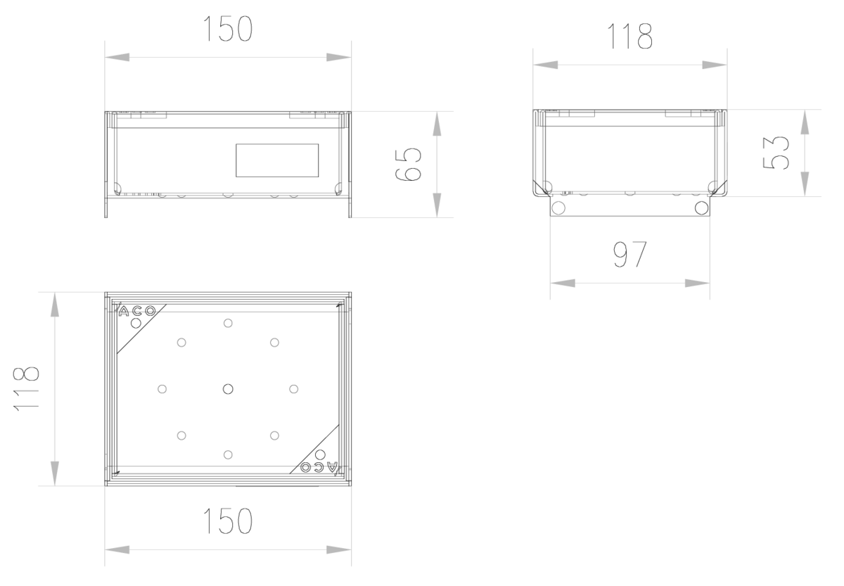 00415829 Esquema técnico da grelha de inspecção para canal SELF 100, grelha brickslot L H40 em aço inoxidável AISI304 da dimensões L150 A118 H13 sem sistema de fixação, classe de carga B125.