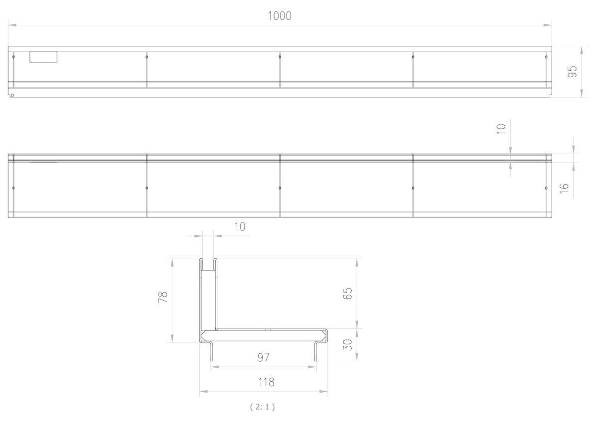 00415830 Esquema técnico da grelha para canal SELF 100, grelha brickslot L H65 em aço galvanizado da dimensões L1000 A118 H13 sem sistema de fixação, classe de carga B125.