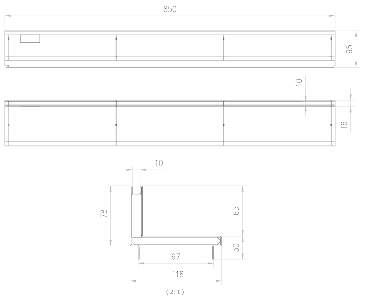 00415832 Esquema técnico de la reja para canal SELF 100, reja brickslot L H65 en acero galvanizado de dimensiones L850 A118 H13 sin sistema de fijación, clase de carga B125.