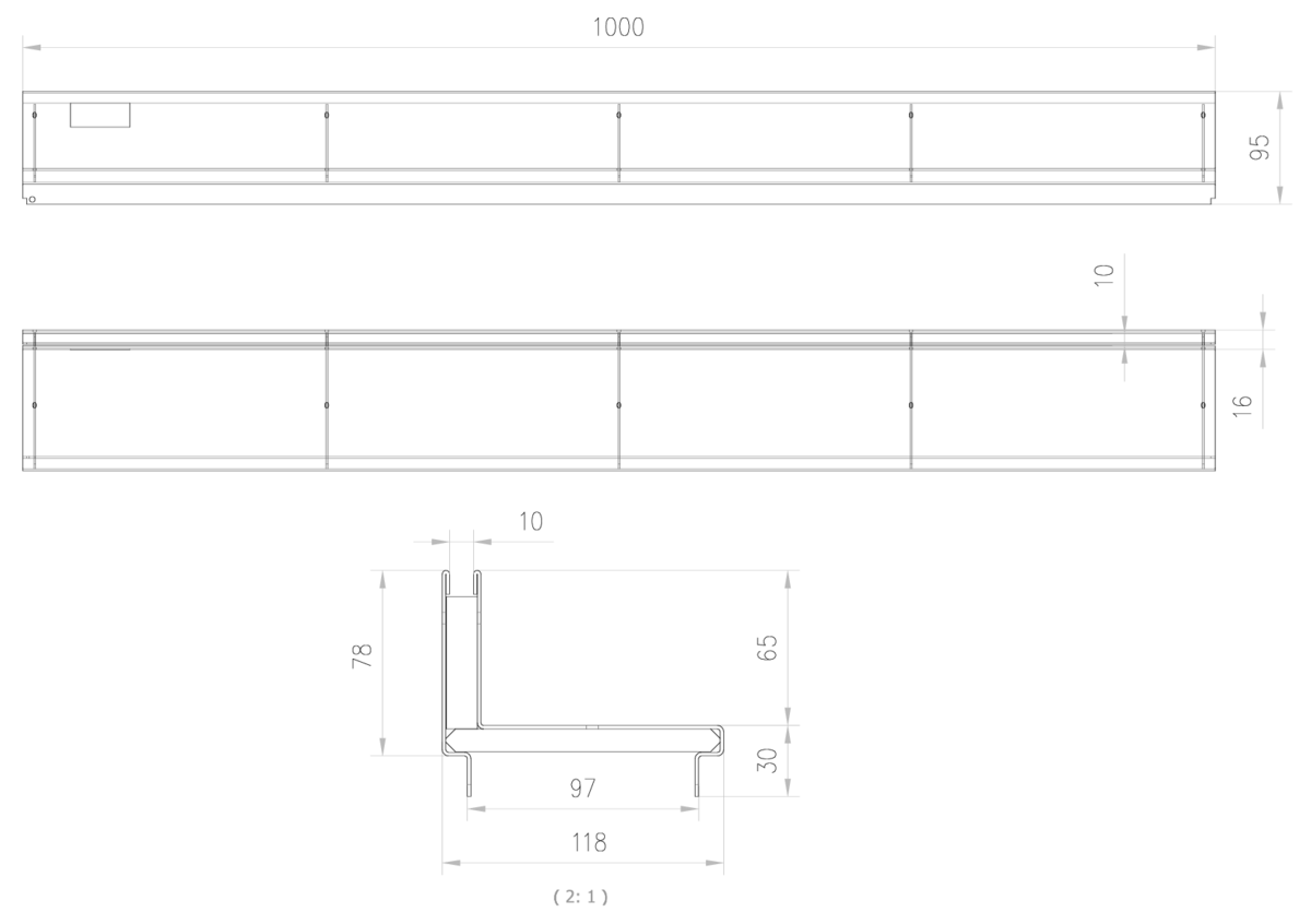 00415834 Esquema técnico de la reja para canal SELF 100, reja brickslot L H65 en acero inoxidable AISI304 de dimensiones L1000 A118 H13 sin sistema de fijación, clase de carga B125.