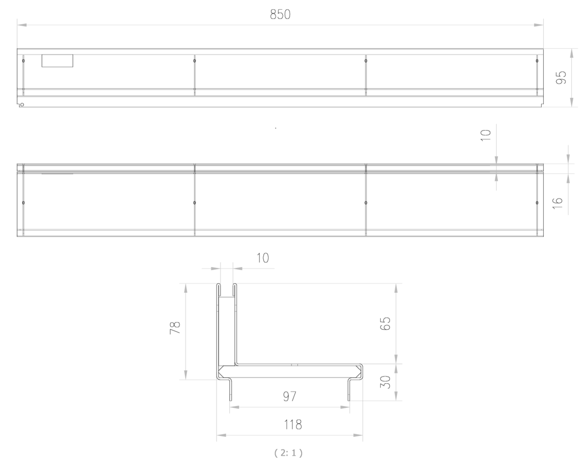 00415836 Esquema técnico da grelha para canal SELF 100, grelha brickslot L H65 em aço inoxidável AISI304 da dimensões L850 A118 H13 sem sistema de fixação, classe de carga B125.