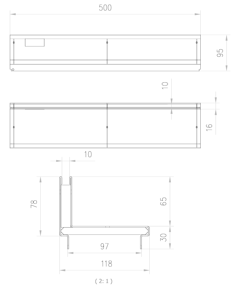 Esquema técnico de la reja para canal SELF 100, reja brickslot L H65 en acero galvanizado de dimensiones L500 A118 H13 sin sistema de fijación, clase de carga B125.