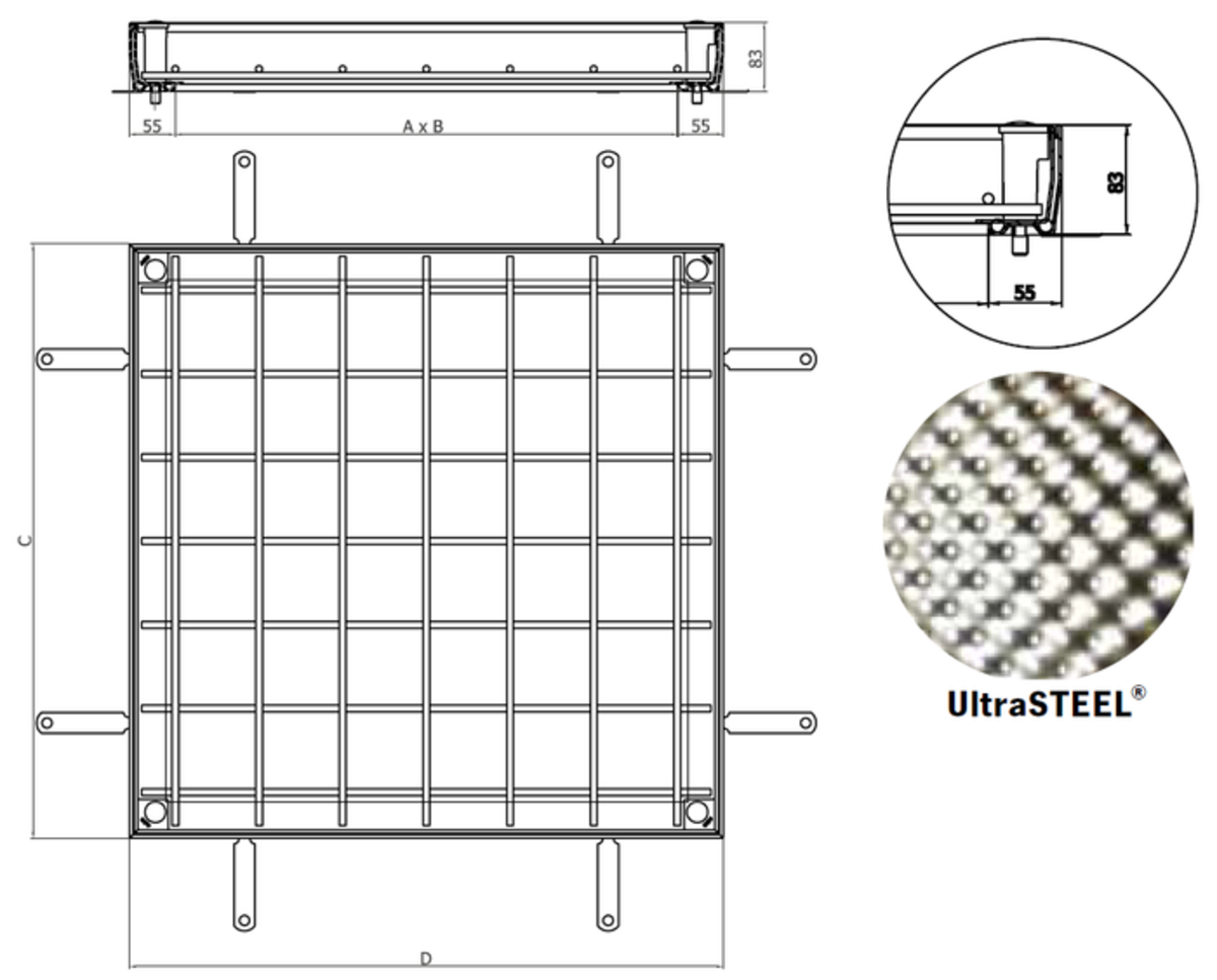 00415862 Esquema técnico de la tapa TOPTEK RE 2.0 en acergo galvanizado ultrasteel no asistida de medidas exteriores 610x610mm y altura 82.5, clase de carga M125