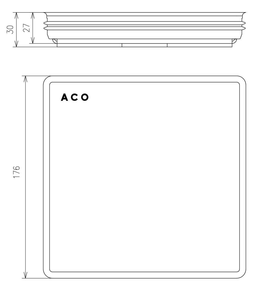00445605 Esquema técnico de la reja para sumidero EG, reja estanca en acero inoxidable AISI316 de dimensiones L165 A165 H25 sin sistema de fijación, clase de carga M125.