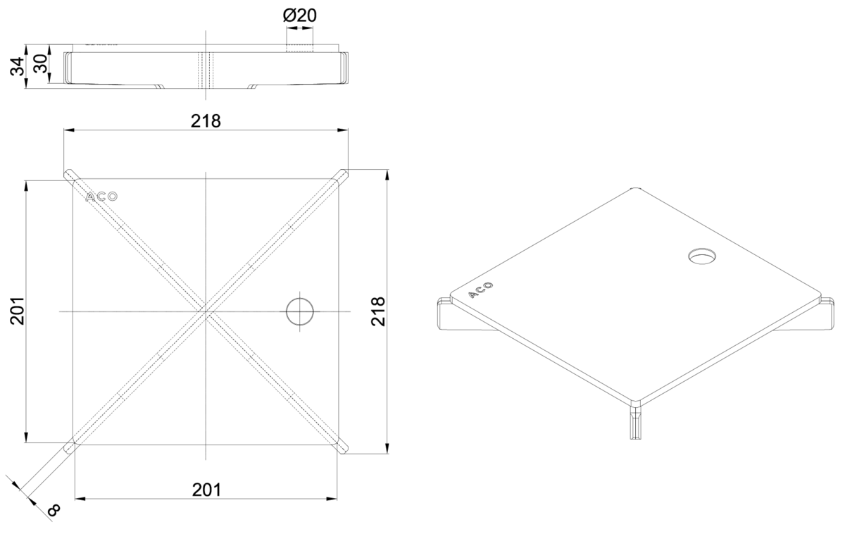 00445784 Esquema técnico de la reja para sumidero EG, reja ranurada en acero inoxidable AISI304 de dimensiones L218 A218 H30 sin sistema de fijación, clase de carga R50.