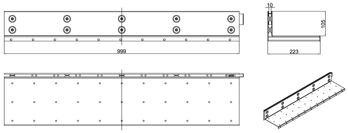 00446039 Esquema técnico de la reja para canal MULTIDRIAN/MULTILINE/XTRADRAIN 200, reja brickslot-ST L H105 en acero galvanizado de dimensiones L1000 A223 H127 sin sistema de fijación, clase de carga D400.