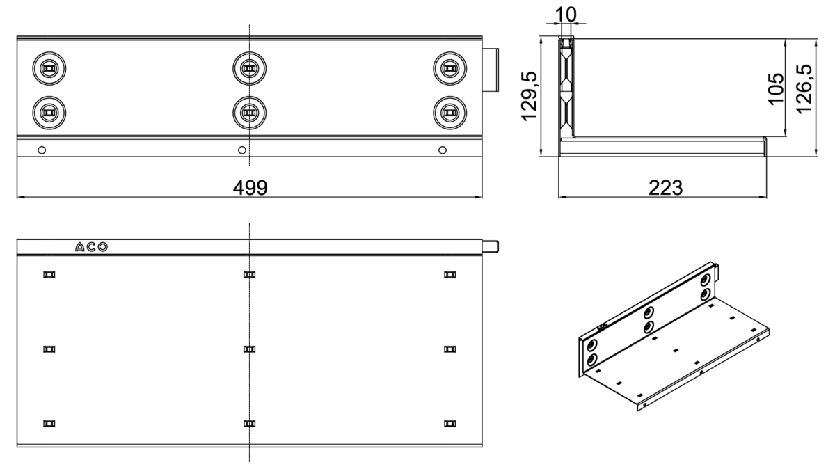 00446135 Esquema técnico da grelha para canal MULTIDRIAN/MULTILINE/XTRADRAIN 200, grelha brickslot-ST L H105 em aço galvanizado da dimensões L500 A223 H127 sem sistema de fixação, classe de carga C250.