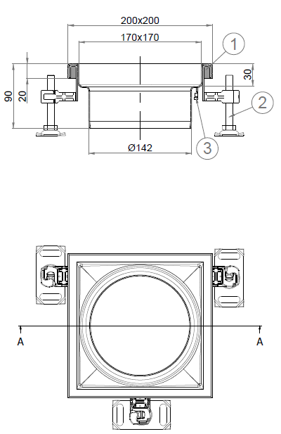 00446401_2D Esquema CAD en formato .png del cuerpo sumidero higiénico ACO EG 200x200 cuadrado en acero inoxidable AISI304 con relleno del ala de PUR, con conexión Ø142 para fondo Ø157.