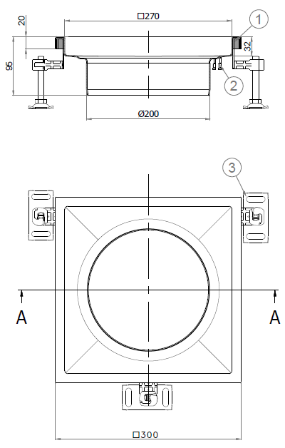 00446402_2D Esquema CAD en formato .png del cuerpo sumidero higiénico ACO EG 300x300 cuadrado en acero inoxidable AISI304 con relleno del ala de PUR, con conexión Ø200 para fondo Ø220.