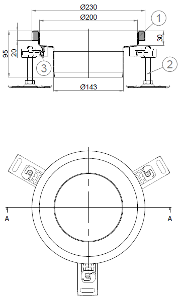 00446750_2D Esquema CAD en formato .png del cuerpo sumidero higiénico ACO EG Ø230 redondo en acero inoxidable AISI304 con relleno del ala de PUR, con conexión Ø142 para fondo Ø157.