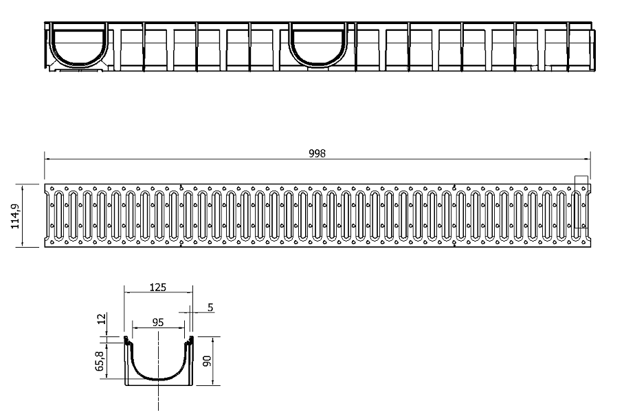 00853001_E Esquema conjunto canal Easyline 100 HDPE H90 L1000mm com grelha passarela A15 HDPE