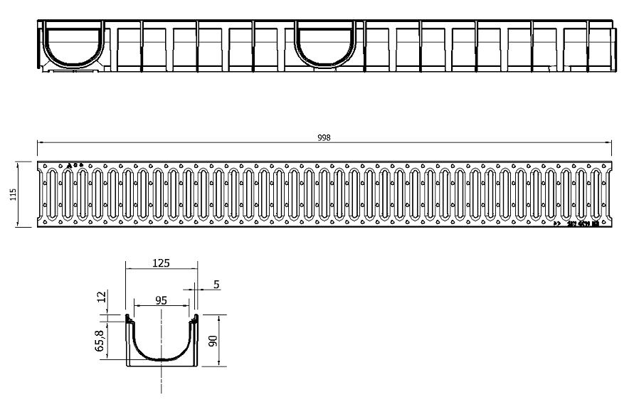 00853003_E Esquema conjunto canal Easyline 100 HDPE H90 L1000mm com grelha passarela A15 aço