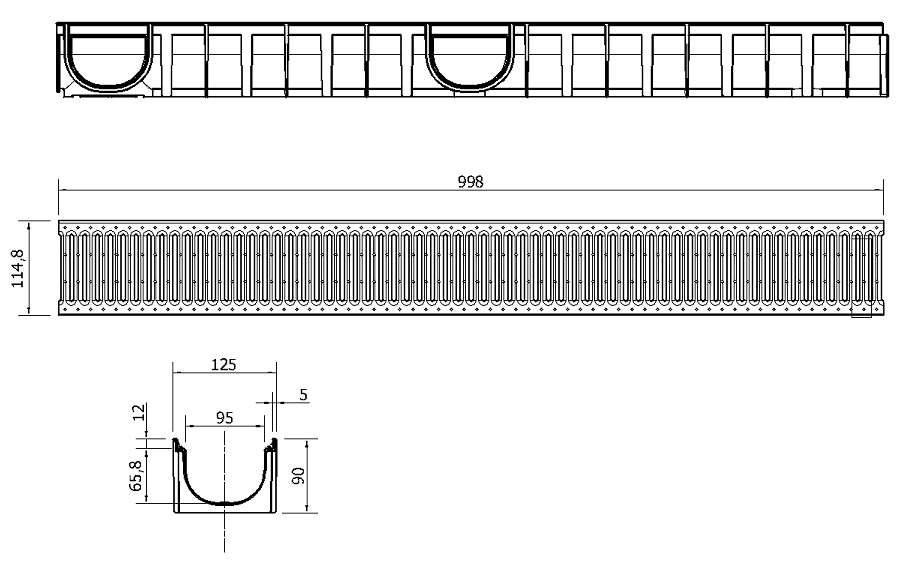 00853009_E Esquema conjunto canal Easyline 100 HDPE H90 L1000mm con reja pasarela A15 acero SLIM