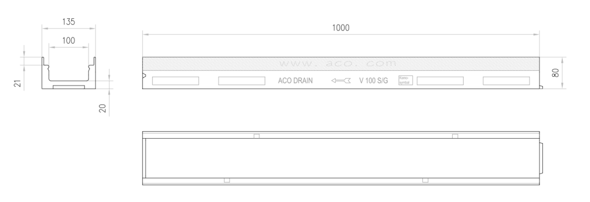 01012323 Esquema técnico del canal MULTIDRAIN 100 BA L1000 H80 de hormigón polímero sin reja, sistema de fijación Drainlock y con premarca rompible DN/OD110