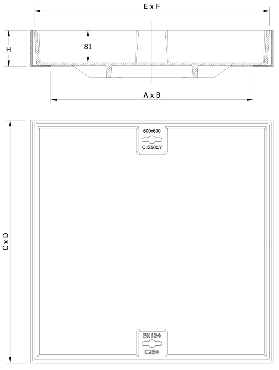 Esquema técnico de la tapa BASIC rellenable en fundición dúctil, de dimensiónes L600 A600 H90 clase de carga C250.