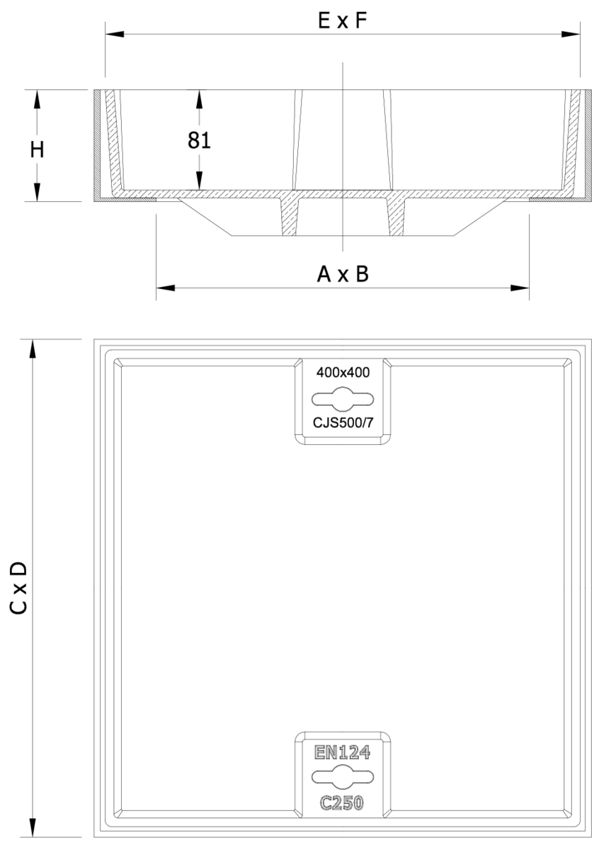 01201815 Esquema técnico de la tapa BASIC rellenable en fundición dúctil, de dimensiónes L400 A400 H90 clase de carga C250.