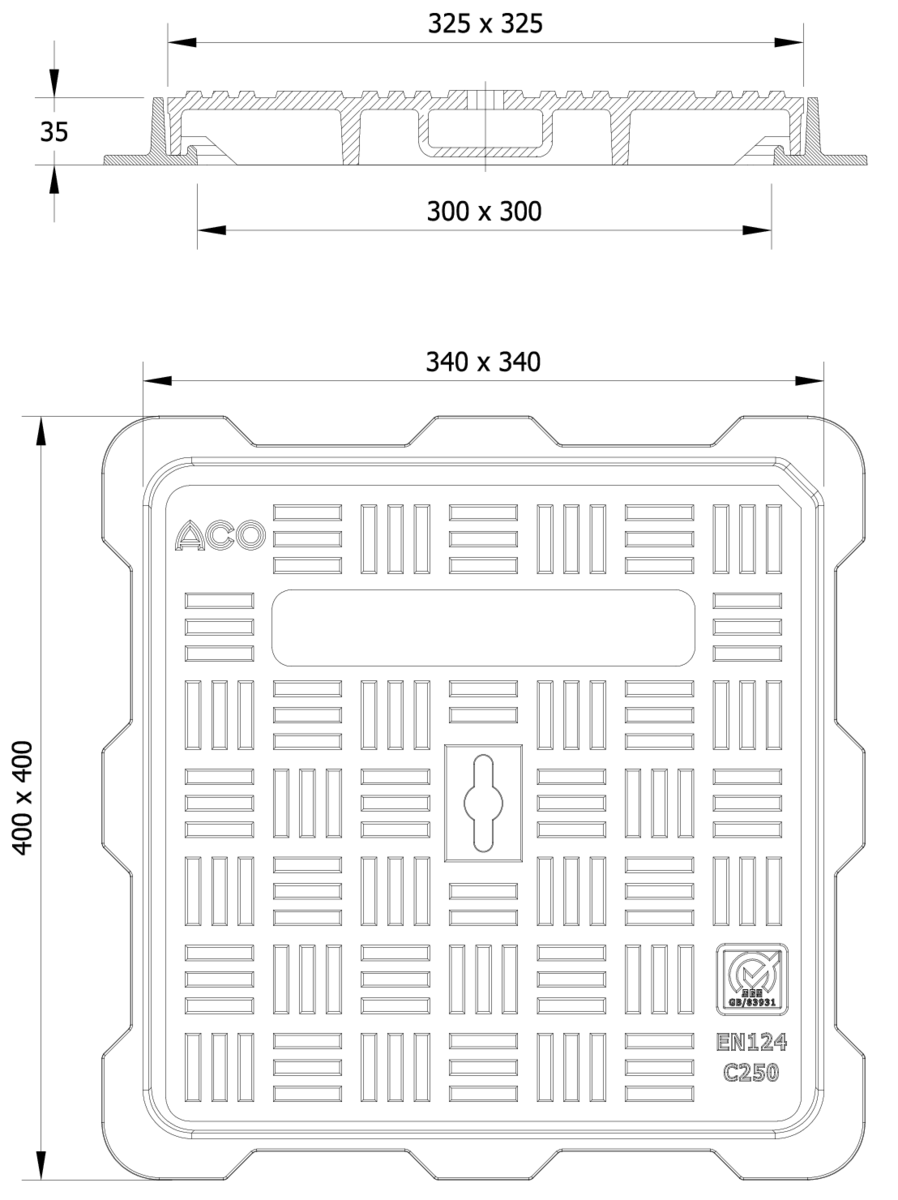 01202847 Esquema técnico de la tapa BASIC cuadrada en fundición dúctil, de dimensiónes L400 A400 H35 clase de carga C250, sin inscripción superior.