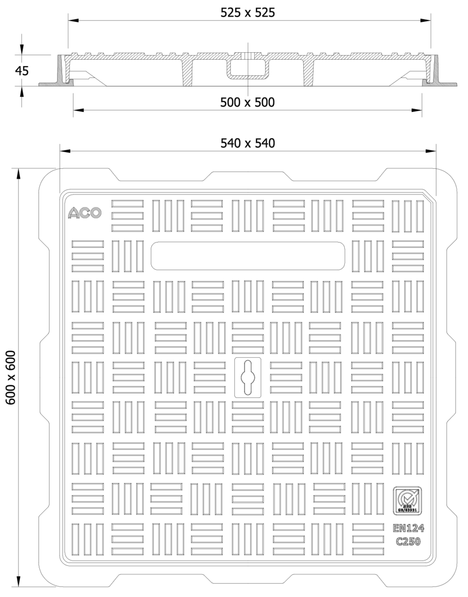 01202851 Esquema técnico de la tapa BASIC cuadrada en fundición dúctil, de dimensiónes L600 A600 H45 clase de carga C250, sin inscripción superior.