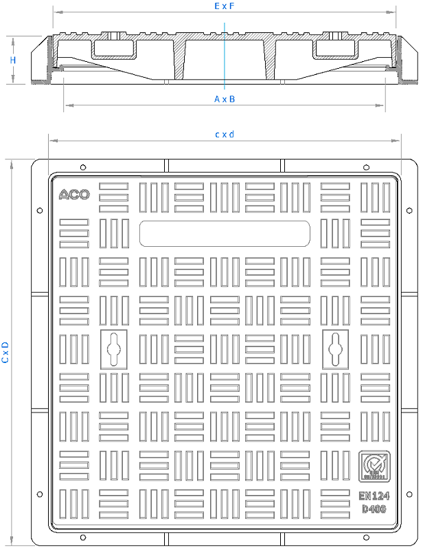 01202868 Esquema técnico de la tapa BASIC cuadrada en fundición dúctil, de dimensiónes L600 A600 H75 clase de carga D400, sin inscripción superior.