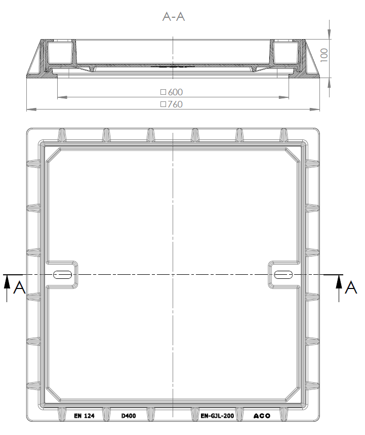 Esquema técnico de la tapa BASIC rellenable en fundición dúctil, de dimensiónes L760 A760 H100 clase de carga D400.